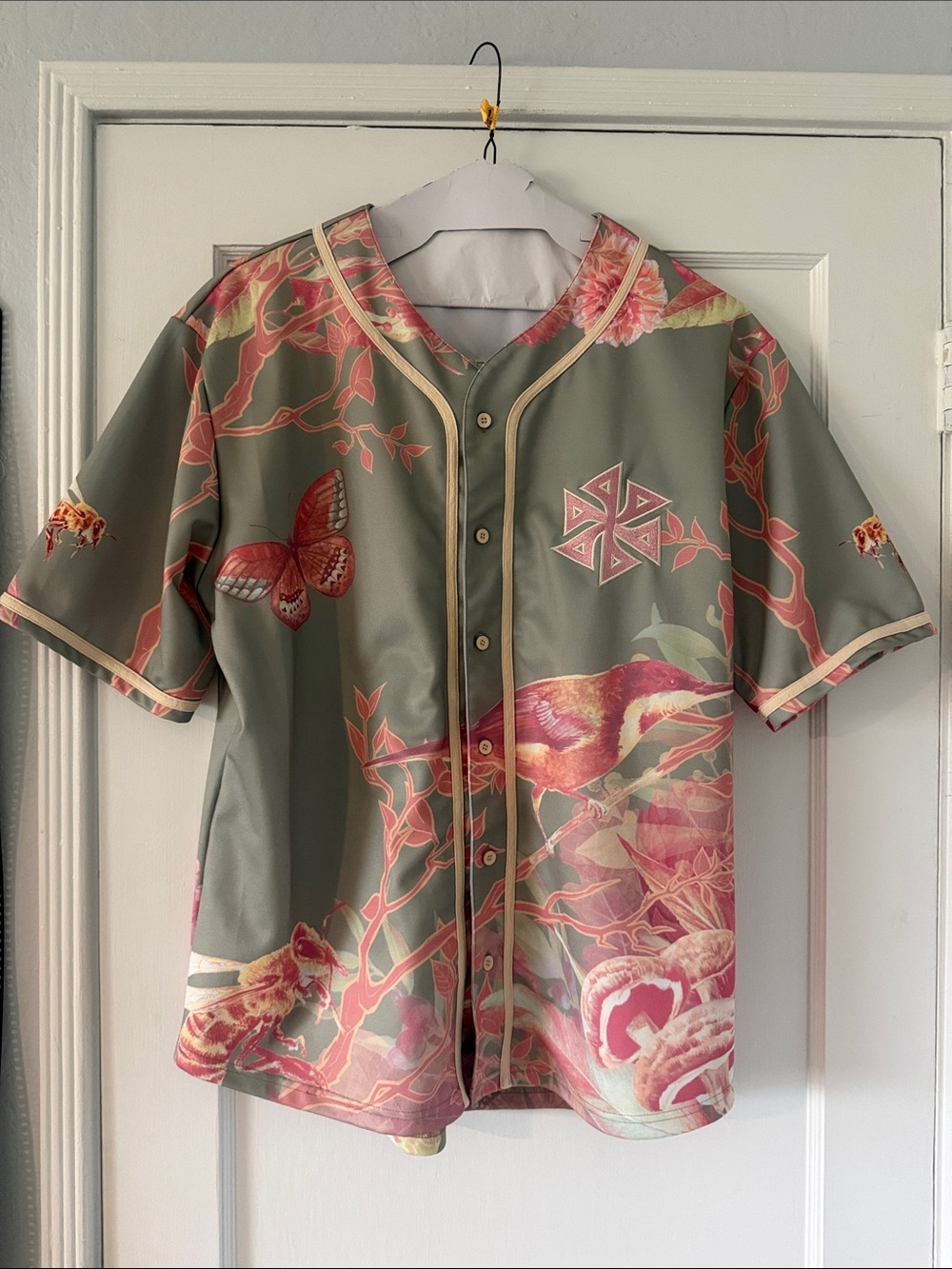 Men's Green & Coral Floral Bird Print Baseball Jersey